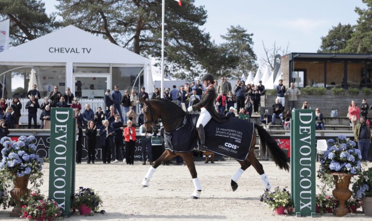 Jagerbomb, fils de Dante Weltino, exécutant un passage cadencé sur la piste de dressage de Fontainebleau sous la selle de Becky Moody.