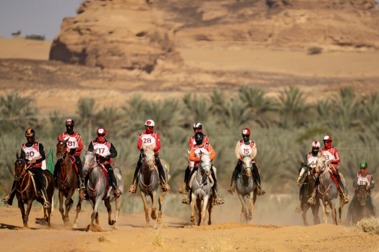 Un peloton de cavaliers d'endurance en chasubles numérotées galope de front sur une piste de sable beige. En arrière-plan se dressent une palmeraie verdoyante et d'imposantes formations rocheuses désertiques typiques d'AlUla.